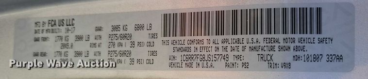 image for item DZ6702 2018 RAM 1500 Quad Cab pickup truck