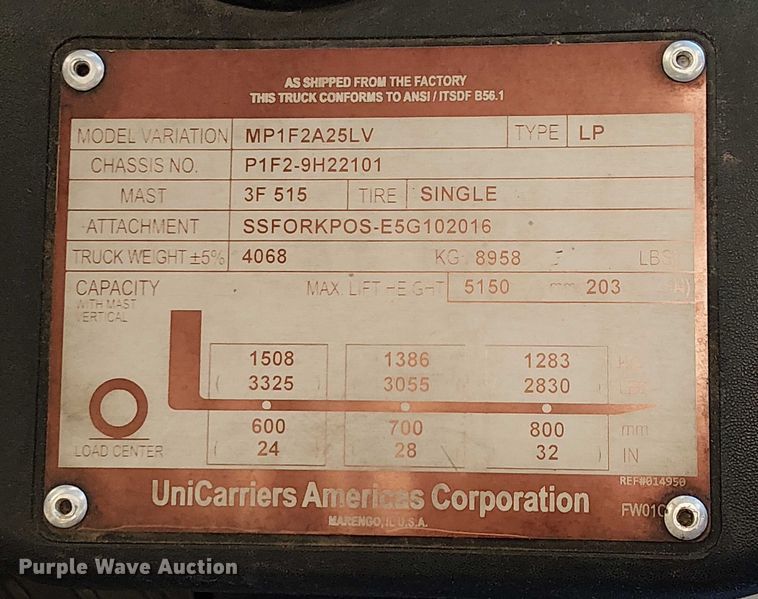 image for item EC1189 2017 UniCarriers PF50 forklift