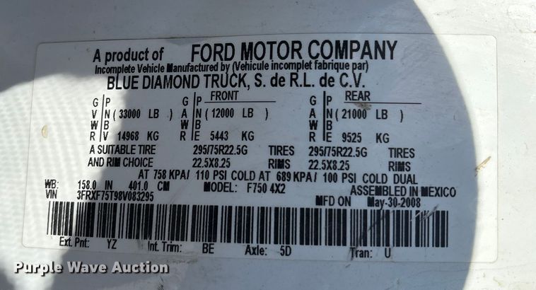 image for item EC8018 2008 Ford F750 Super Duty XL dump truck