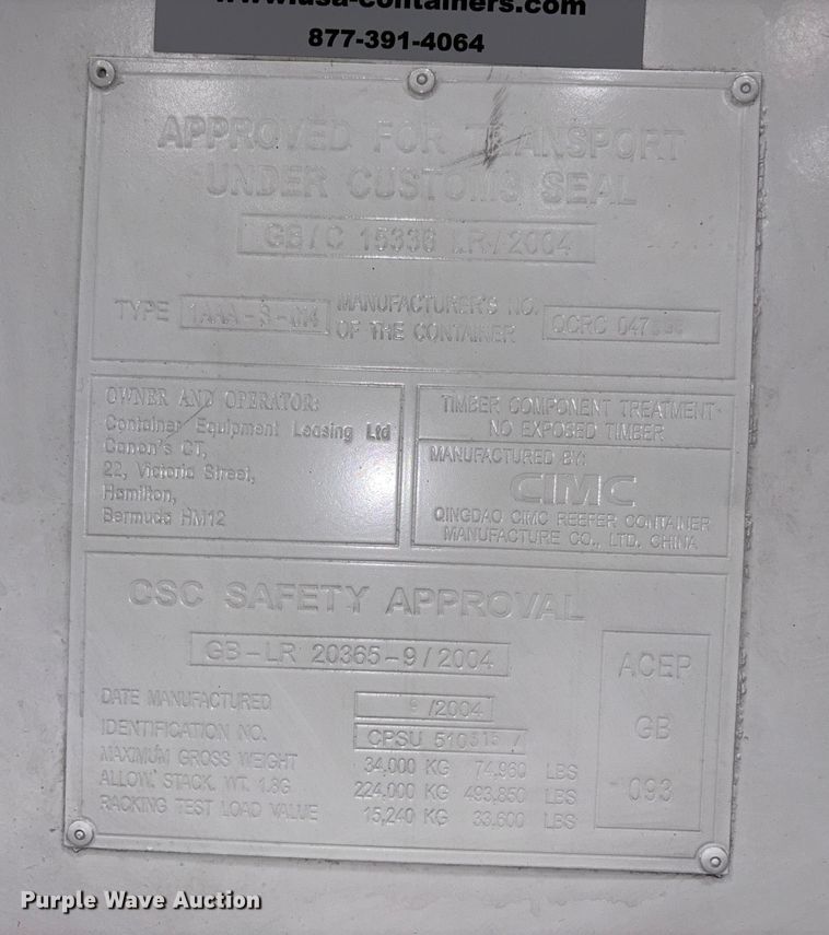 image for item EC8024 2004 CIMC 1AAA-S-014 refrigerated shipping container