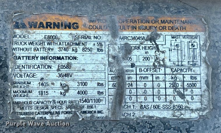 image for item EC8034 2006 Caterpillar E 6000 Warehouse Forklift ( Electric)