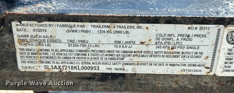 image for item EF2185 2019 Trailerman trailers Inc utility trailer