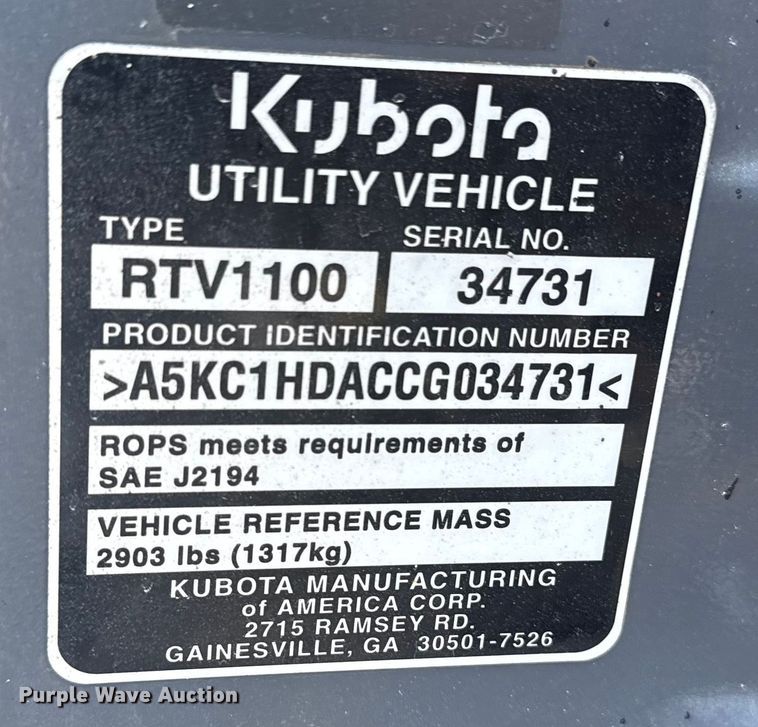 image for item EG6138 2012 Kubota RTV1100 utility vehicle