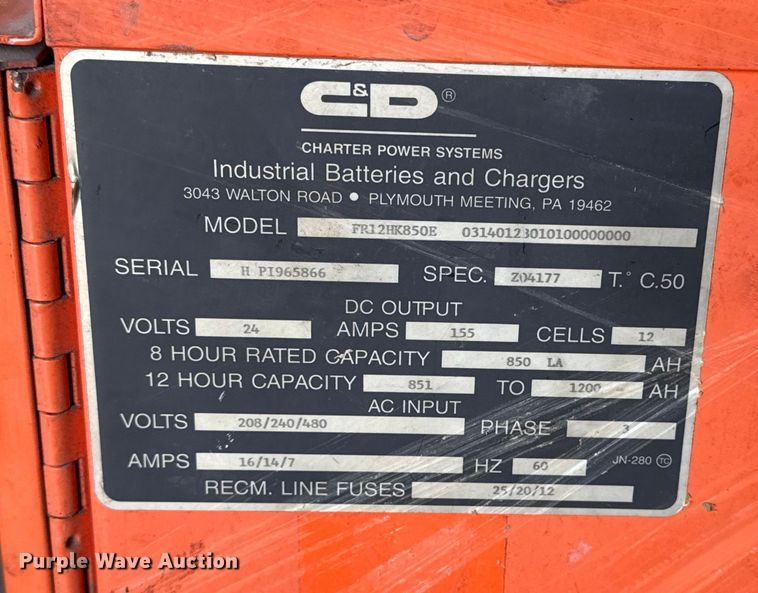 image for item EG8247 C&D Charter Power Systems FR12HK850E forklift charger 