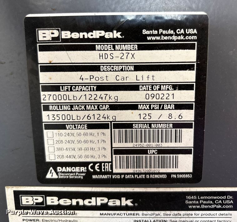 image for item EM6085 2021 Bendpak HDS-27X four post automotive lift