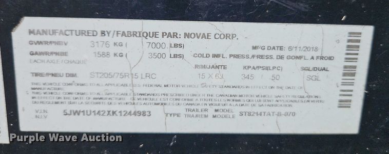 image for item EO4655 2019 Sure-Trac ST8214TAT-B-070 utility trailer