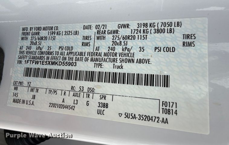 image for item EP0646 2021 Ford F150 SuperCrew pickup truck