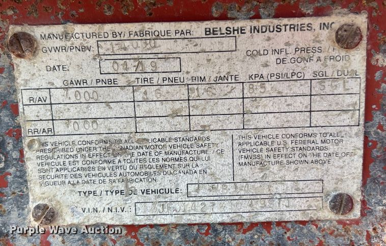 image for item ET3161 2019 Belshe WB14 equipment trailer