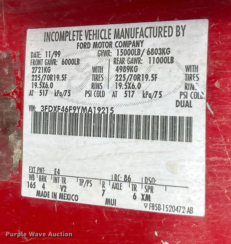 image for item ET3190 2000 Ford F450 Super Duty XL truck cab and chassis