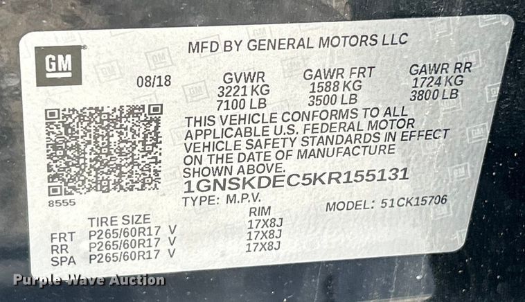 image for item ET3193 2019 Chevrolet Tahoe Police SUV