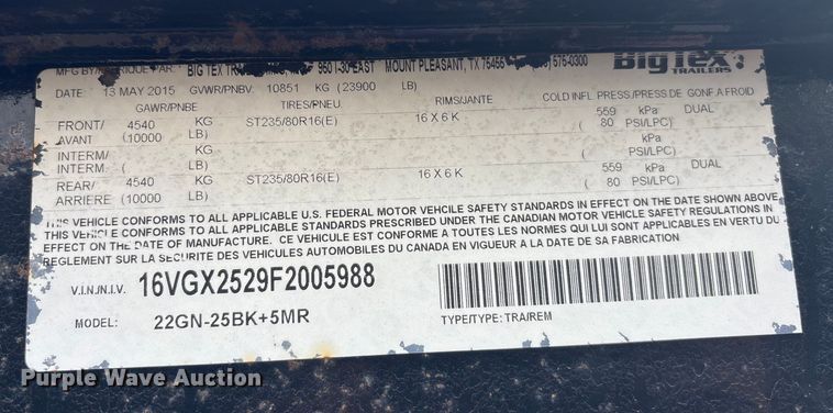 image for item ET4524 2015 Big Tex 22GN -25+5 equipment trailer