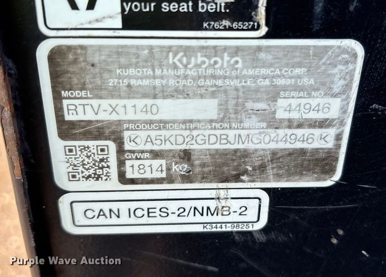 image for item ET7073 2021 Kubota RT X1140 utility vehicle