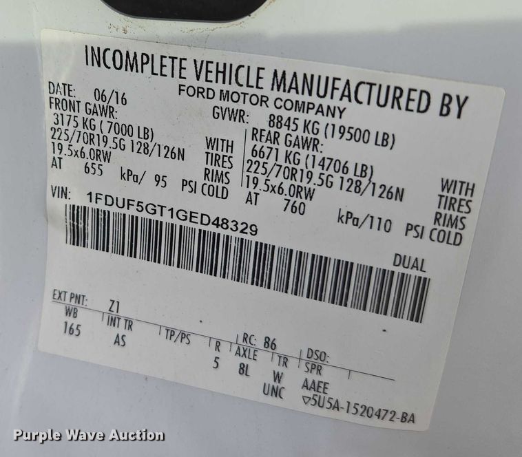image for item EU3691 2016 Ford F550 truck cab and chassis