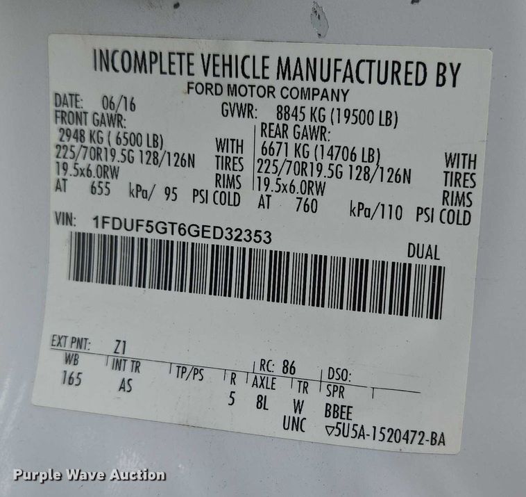 image for item EU3694 2016 Ford F550 truck cab and chassis