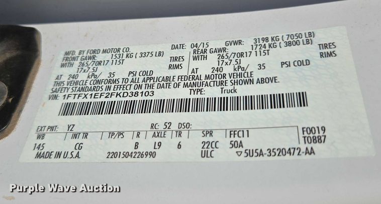 image for item EU3723 2015 Ford F150 SuperCab pickup truck