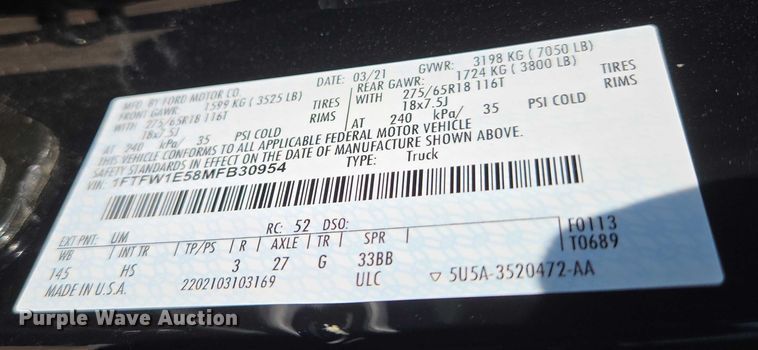 image for item EU3730 2021 Ford F150 SuperCrew pickup truck