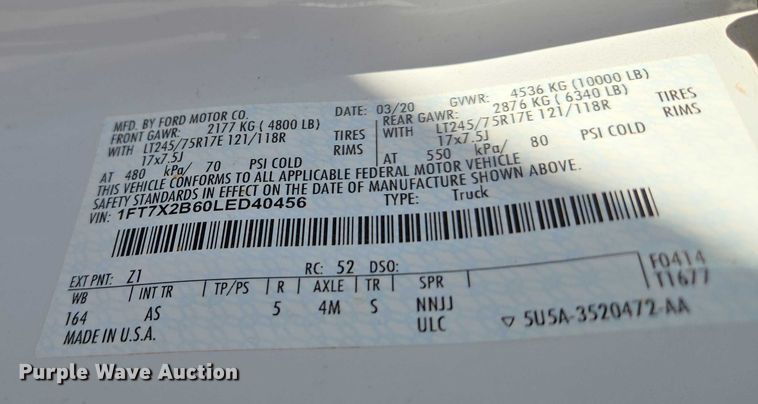 image for item EU3733 2020 Ford F250 Super Duty SuperCab pickup truck cab and chassis