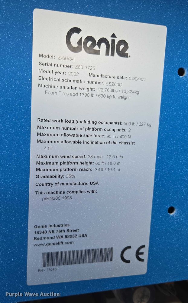 image for item EU3740 2002 Genie Z-60/34 boom lift