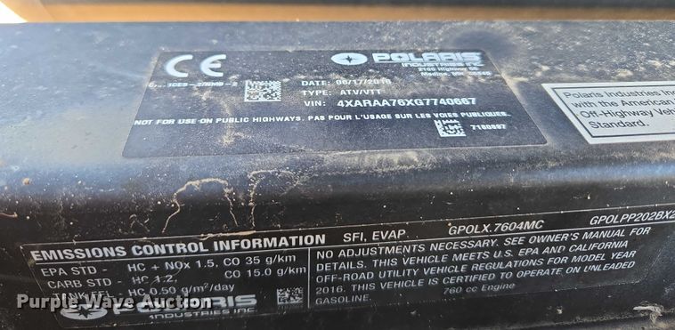 image for item EU3745 2016 Polaris Ranger 800 EFI utility vehicle