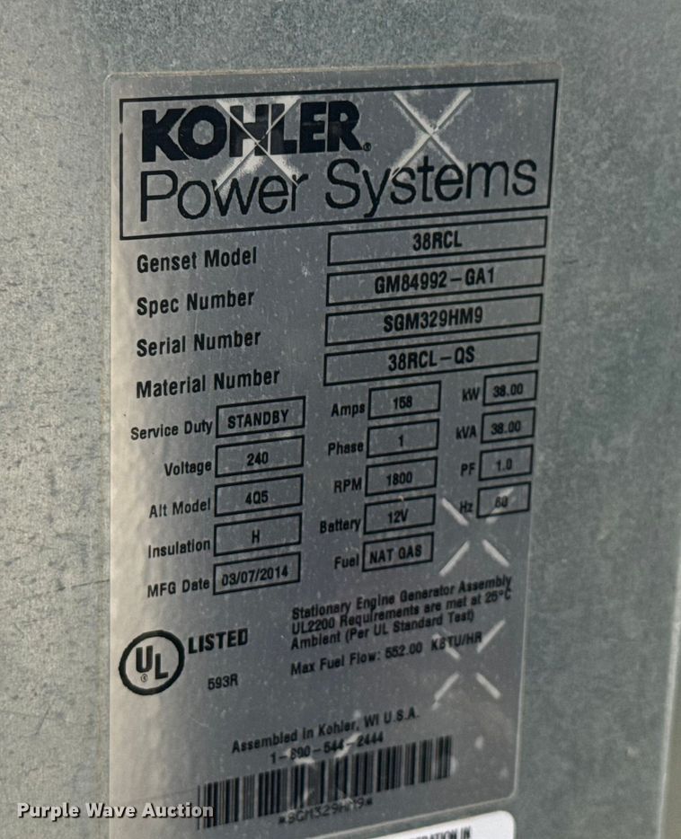 image for item EV1901 2014 Kohler Power Systems 38RCL generator