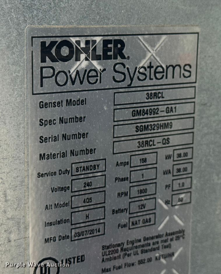 image for item EV1901 2014 Kohler Power Systems 38RCL generator