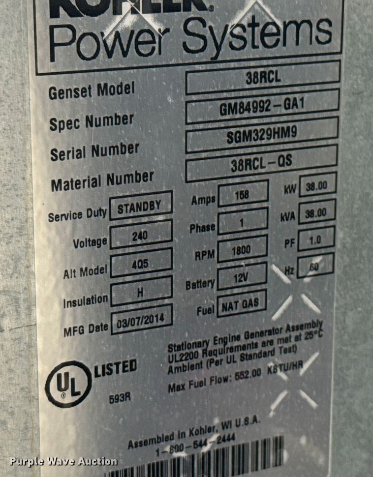 image for item EV1901 2014 Kohler Power Systems 38RCL generator