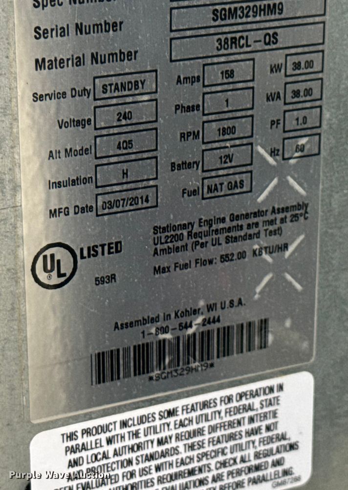 image for item EV1901 2014 Kohler Power Systems 38RCL generator