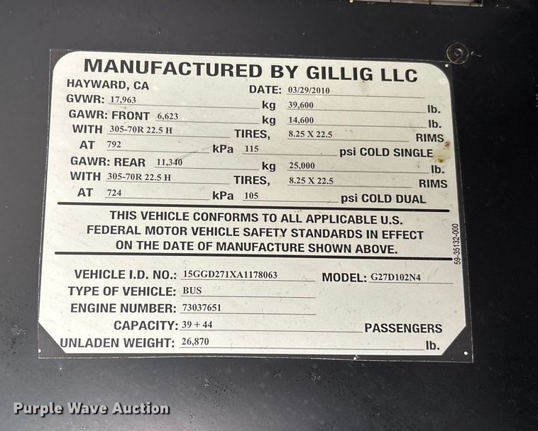 image for item EV3003 2010 Gillig G27D102N4   transit bus