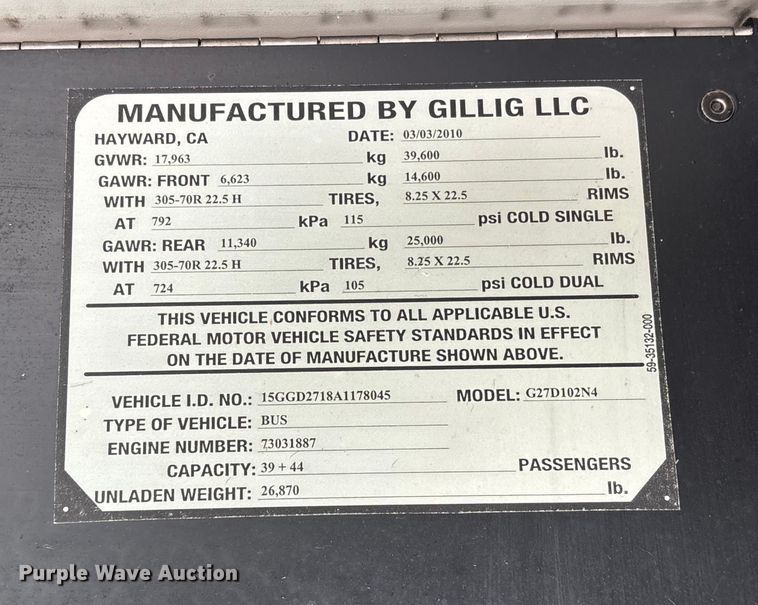 image for item EV3006 2010 Gillig G27D102N4 transit bus