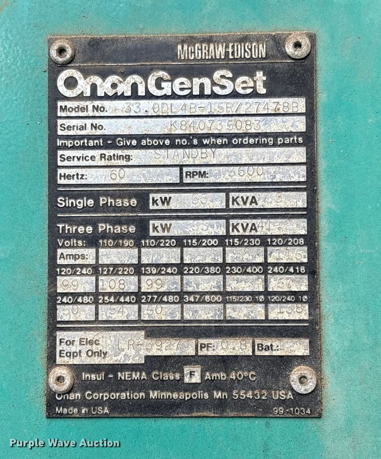 image for item EV3013 Onan 33.0DL4B-15R/27478B generator