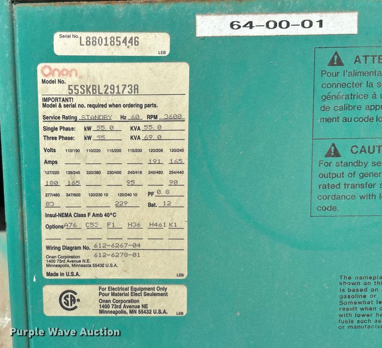 image for item EV3016 Onan 55SKBL29173A generator
