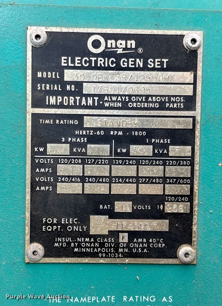 image for item EV3019 Onan 30.0EK-3R/12550H generator