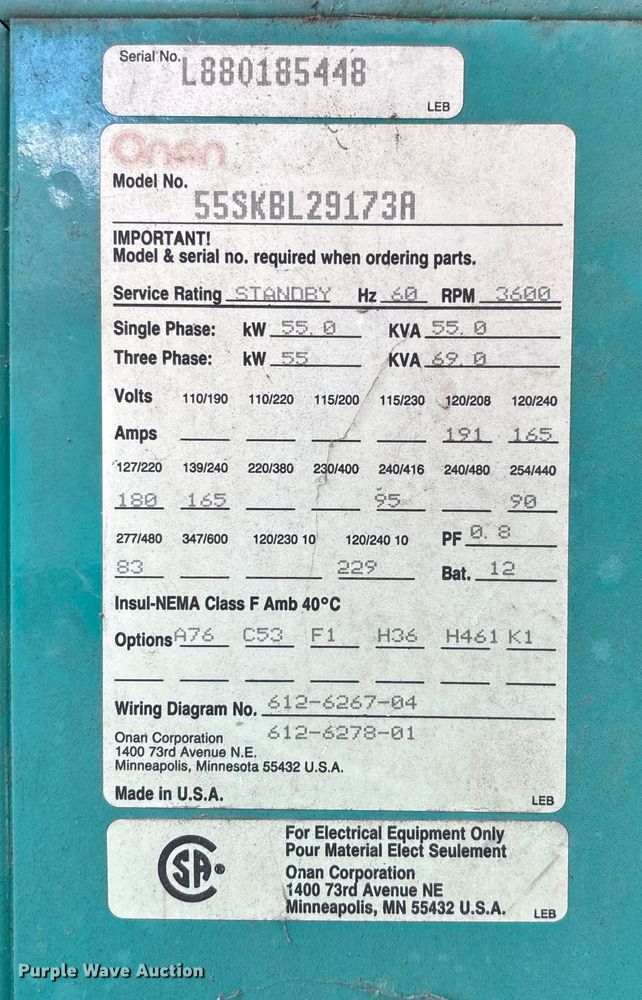 image for item EV3022 Onan 55SKBL29173A generator
