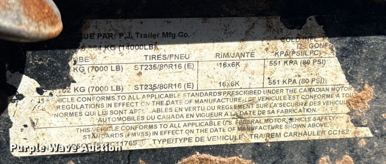 image for item GH9379 2012 PJ Trailers CC162 equipment trailer