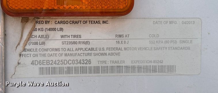 image for item GH9381 2013 Cargo Craft of Texas, Inc. Expedition-85242 enclosed cargo trailer