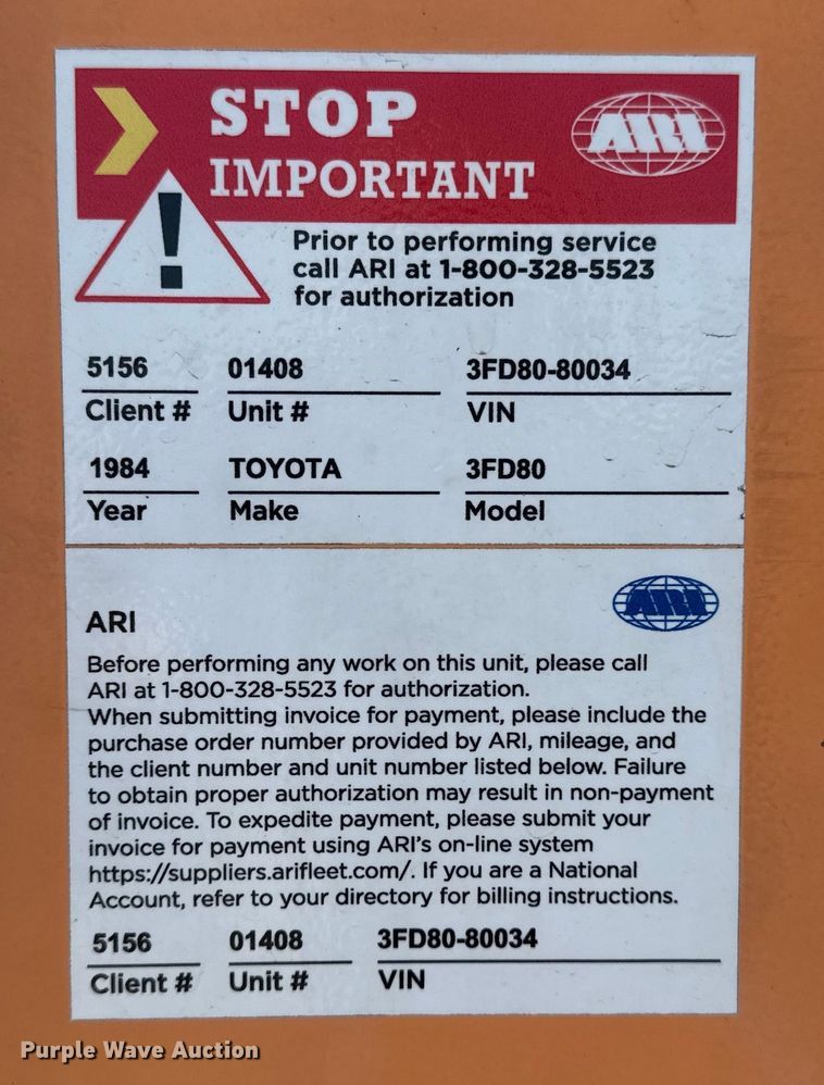 image for item NU9630 1984 Toyota 3FD80 forklift