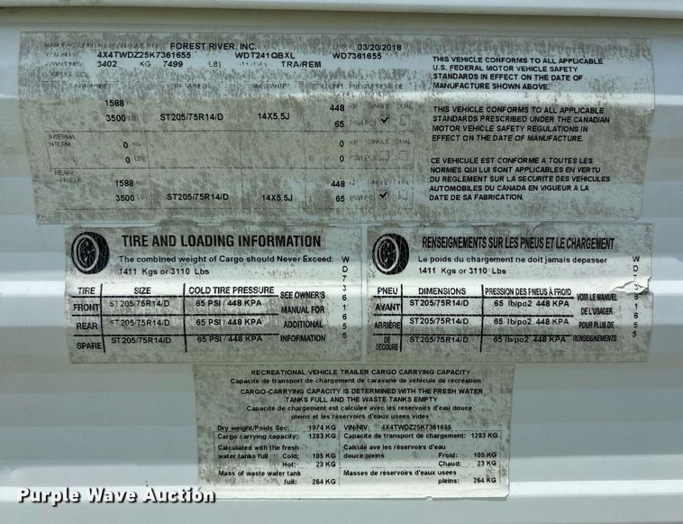 image for item YA0764 2019 Forest River Wildwood camper