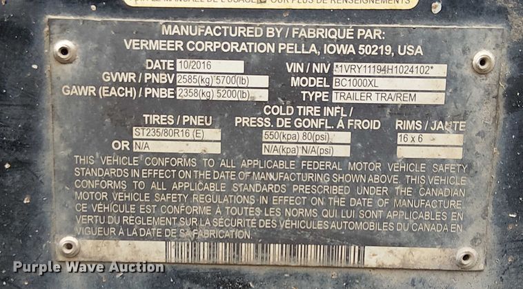 image for item YA1109 2017 Vermeer BC1000XL wood chipper