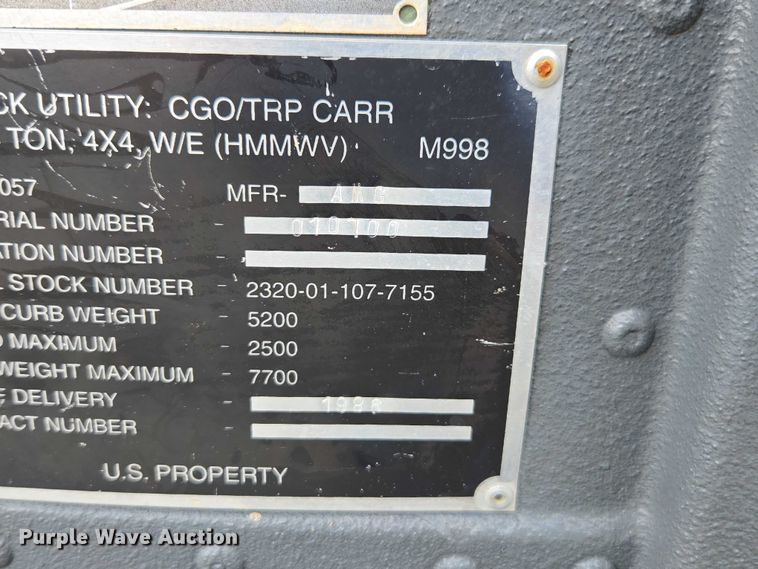 image for item YA1148 1986 AM General M998 Humvee SUV