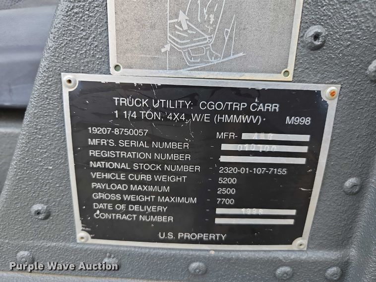 image for item YA1148 1986 AM General M998 Humvee SUV