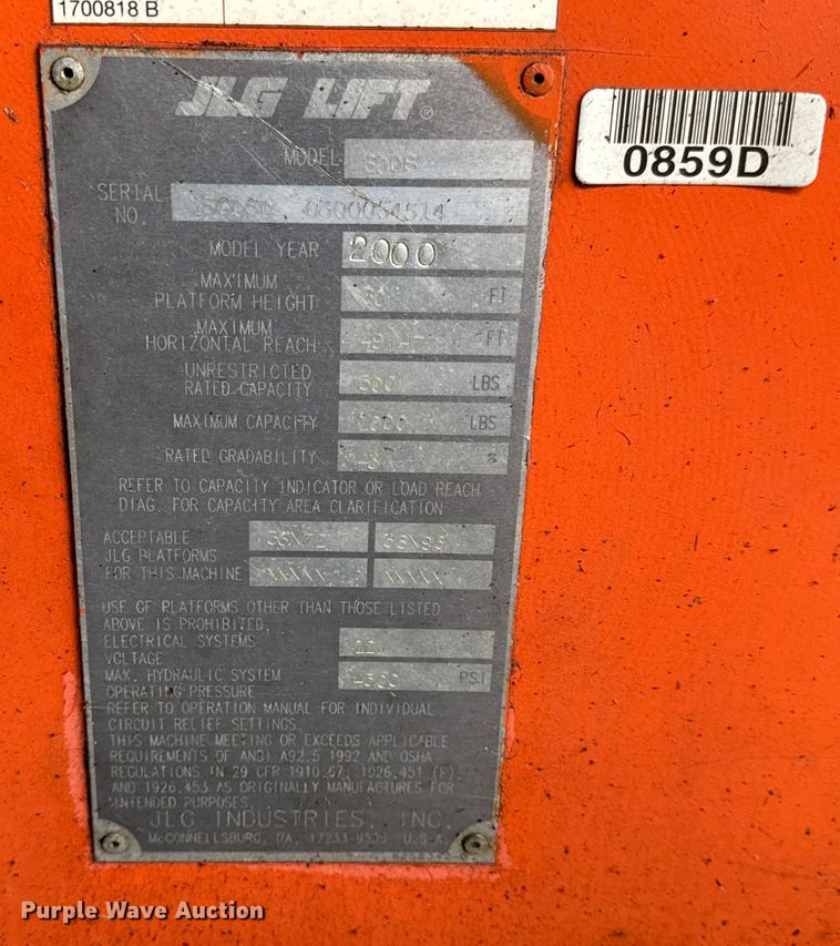 image for item DO2260 2000 JLG 600S boom lift