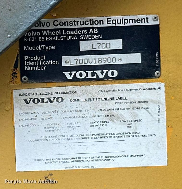 image for item DT6377 2001 Volvo L70D wheel loader