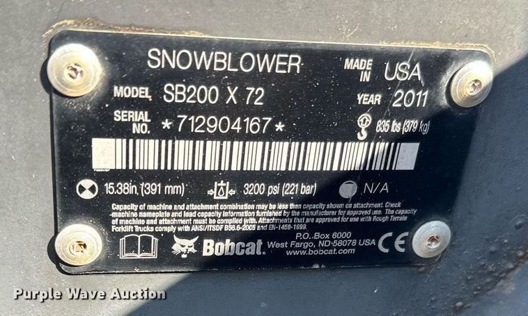 image for item DT6388 Bobcat SB200x72 skid steer snow blower