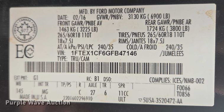 image for item DY1221 2016 Ford F150 XLT SuperCab pickup truck