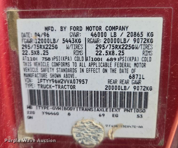 image for item DY1227 1997 Ford Areomax semi truck