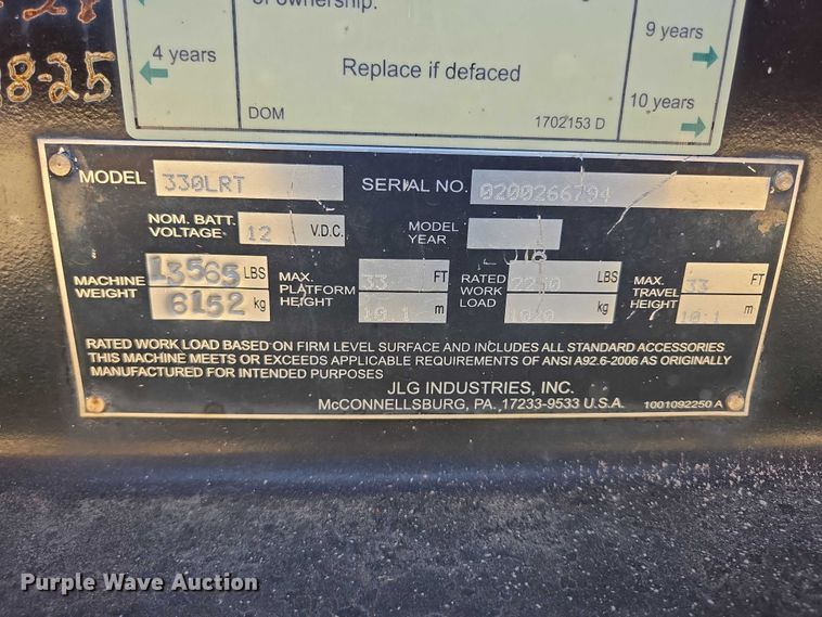 image for item DY1285 2018 JLG 330LRT scissor lift