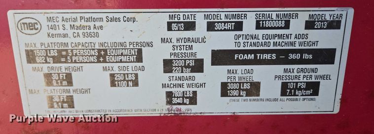 image for item DY1287 2013 MEC 3084RT scissor lift