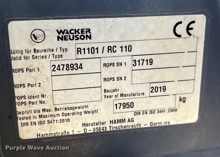 image for item EA6977 2019 Wacker Neuson RC110 single drum vibratory roller