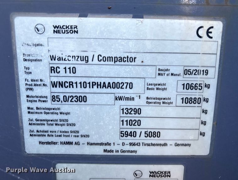 image for item EA6977 2019 Wacker Neuson RC110 single drum vibratory roller