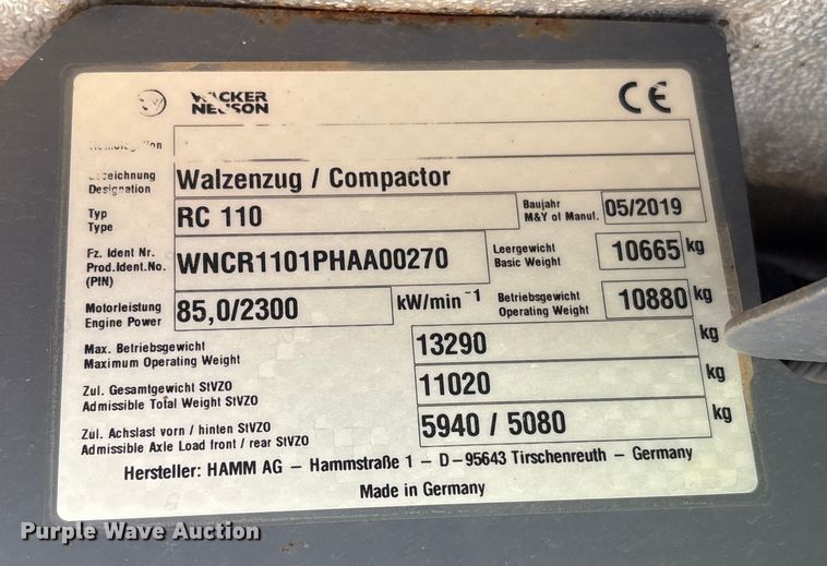 image for item EA6977 2019 Wacker Neuson RC110 single drum vibratory roller